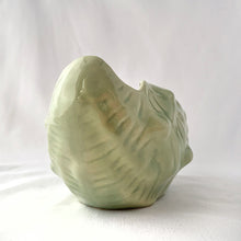 Load image into Gallery viewer, Vintage Celadon blue green glazed ceramic pottery seashell planter. Produced by UFC, Canada, circa 1970s. The perfect colour and shape for coastal decor. May be used for small houseplants, succulents or as decor piece.  In excellent condition, free from cracks/repairs. Minor chip on the rim.  Measures 7 x 4 5/8 x 4 inches
