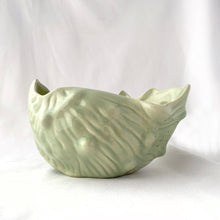 Load image into Gallery viewer, Vintage Celadon blue green glazed ceramic pottery seashell planter. Produced by UFC, Canada, circa 1970s. The perfect colour and shape for coastal decor. May be used for small houseplants, succulents or as decor piece.  In excellent condition, free from cracks/repairs. Minor chip on the rim.  Measures 7 x 4 5/8 x 4 inches
