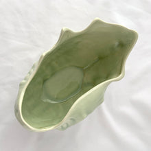 Load image into Gallery viewer, Vintage Celadon blue green glazed ceramic pottery seashell planter. Produced by UFC, Canada, circa 1970s. The perfect colour and shape for coastal decor. May be used for small houseplants, succulents or as decor piece.  In excellent condition, free from cracks/repairs. Minor chip on the rim.  Measures 7 x 4 5/8 x 4 inches
