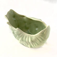 Load image into Gallery viewer, Vintage Celadon blue green glazed ceramic pottery seashell planter. Produced by UFC, Canada, circa 1970s. The perfect colour and shape for coastal decor. May be used for small houseplants, succulents or as decor piece.  In excellent condition, free from cracks/repairs. Minor chip on the rim.  Measures 7 x 4 5/8 x 4 inches
