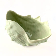 Load image into Gallery viewer, Vintage Celadon blue green glazed ceramic pottery seashell planter. Produced by UFC, Canada, circa 1970s. The perfect colour and shape for coastal decor. May be used for small houseplants, succulents or as decor piece.  In excellent condition, free from cracks/repairs. Minor chip on the rim.  Measures 7 x 4 5/8 x 4 inches
