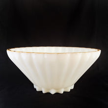 Load image into Gallery viewer, Vintage &quot;Classic Milk Glass&quot; large serving bowl has a scalloped design and gold edge which gives it the look of an elegant sea shell. Produced by Anchor Hocking Glass Co. Circa 1970.  In excellent condition.  Measures 11&quot; x 5&quot;
