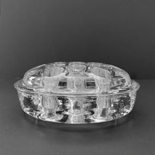 Load image into Gallery viewer, Vintage clear glass flower frog with narrow rim and 13 holes.  In great vintage condition, one minor smooth chip to the rim.  Measures 4 1/2 x 1 1/2 inches
