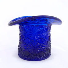 Load image into Gallery viewer, A pretty cobalt blue &quot;Daisy and Button&quot; toothpick holder in the shape of a top hat. Produced by the Degenhart Glass Co.  Easily repurpose as a votive candle holder, a catchall for loose change or the office paperclip holder.  In excellent condition, no chips or cracks.  Measures 3-1/4&quot; x 2-1/2&quot;
