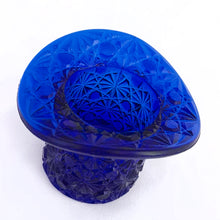 Load image into Gallery viewer, A pretty cobalt blue &quot;Daisy and Button&quot; toothpick holder in the shape of a top hat. Produced by the Degenhart Glass Co.  Easily repurpose as a votive candle holder, a catchall for loose change or the office paperclip holder.  In excellent condition, no chips or cracks.  Measures 3-1/4&quot; x 2-1/2&quot;
