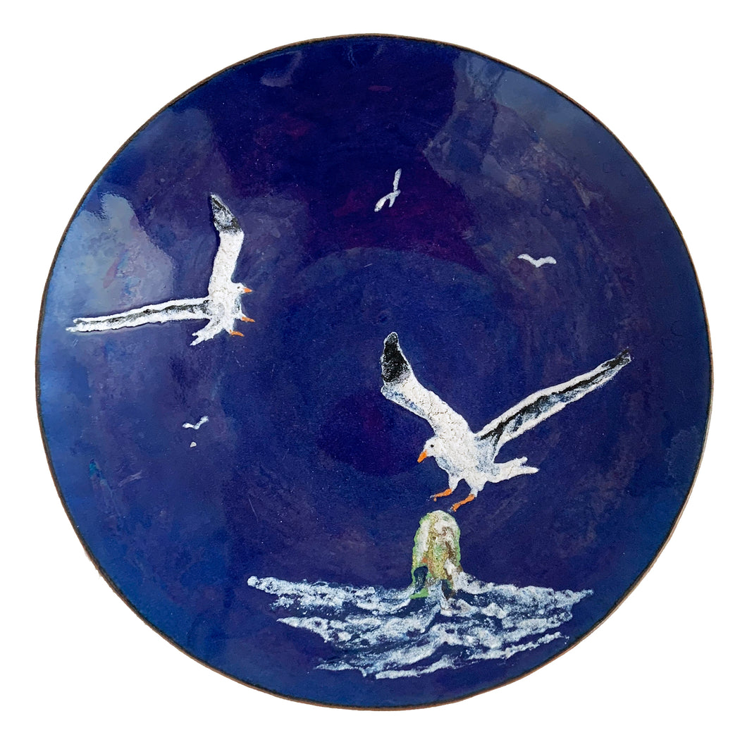 Vintage artisan made copper enamel bowl with white seagulls on a cobalt blue seascape. Signed the artist, Ken Slate '98.  In excellent condition.  Measures approximately 7