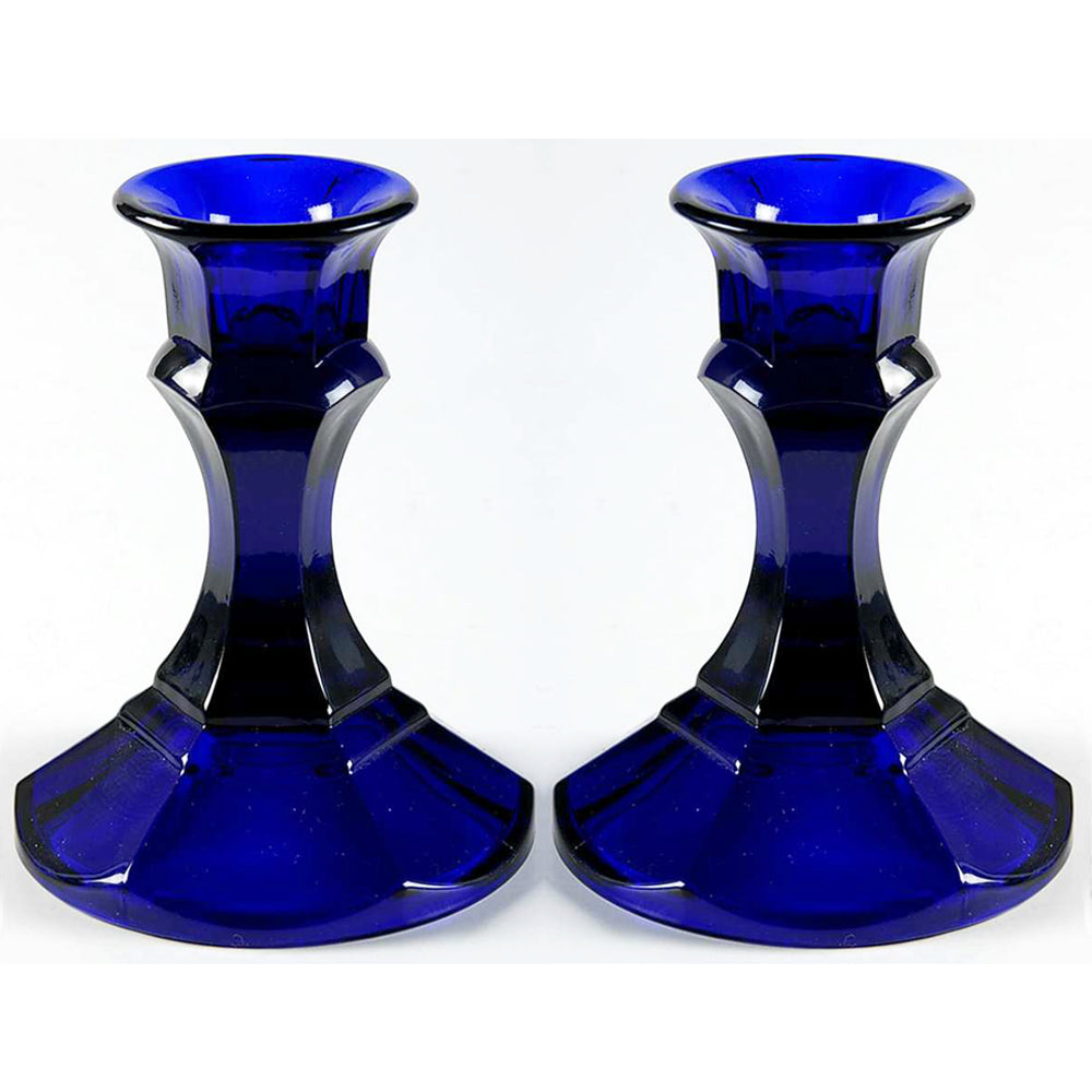 Pair of Vintage Pressed Glass Single Light Cobalt Blue Candlesticks AMS7 American Stemware Gothic footed panel edge ambience romance romantic lighting light candlelight dinner party Tableware Glassware Home Decor Boho Bohemian Shabby Chic Cottage Farmhouse Victorian Mid-Century Modern Industrial Retro Flea Market Style Unique Sustainable Gift Antique Prop GTA Eds Mercantile Hamilton Freelton Toronto Canada shop store community seller reseller vendor