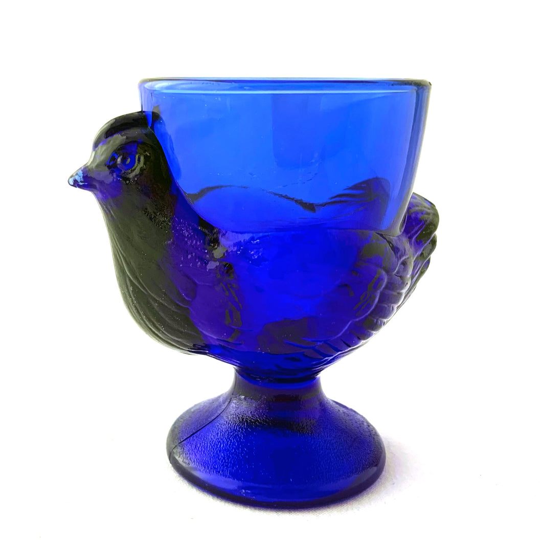 Vintage Cobalt Sapphire Blue Figural Chicken Hen Footed Egg Cup, Arcoroc France Tableware Glassware Home Decor Boho Bohemian Shabby Chic Cottage Farmhouse Victorian Mid-Century Modern Industrial Retro Flea Market Style Unique Sustainable Gift Antique Prop GTA Eds Mercantile Hamilton Freelton Toronto Canada shop store community seller reseller vendor brunch breakfast lunch Collector Collection Collectible Easter Hen