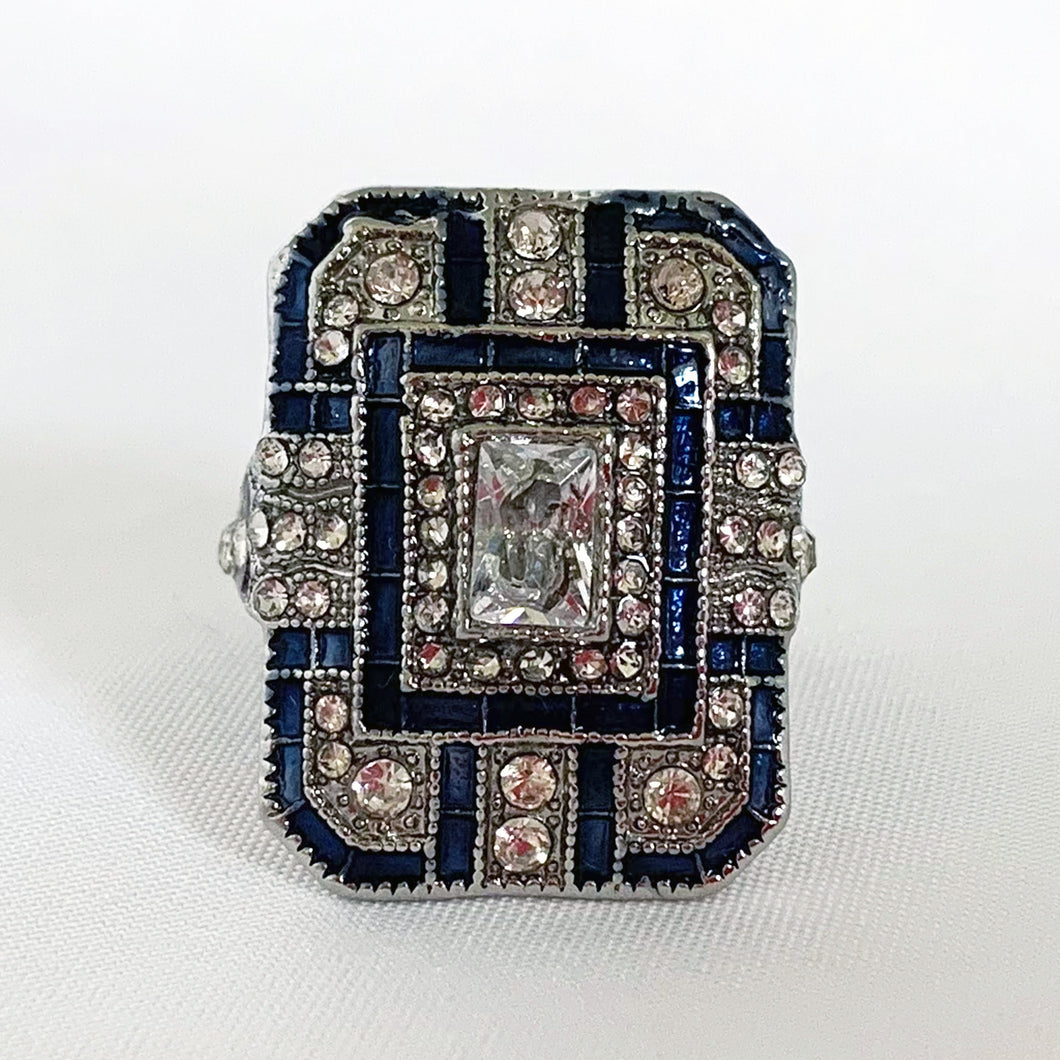 Vintage Style Art Deco Cocktail Ring Set with Cubic Zirconia and Faux Blue Sapphires