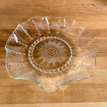 Load image into Gallery viewer, Beautiful vintage &quot;Columbia Clear&quot; depression glass ruffled serving bowl. Love the effervescent bubbles radiating from the starburst centre. Produced by Federal Glass between 1938 - 1942.  In excellent condition, no chips or cracks.  Measures 10-5/8&quot;
