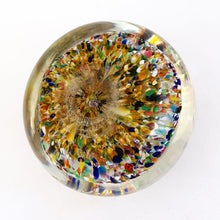 Load image into Gallery viewer, The multitude of colours within the 2 trumpet shaped flowers blown inside this vintage glass paperweight is mind blowing...pardon the pun! Where each petal meets is a controlled bubble that adds an extra sparkle to this beautiful orb shaped paperweight. The bottom has a smoothened pontil mark. Unsigned.   In excellent condition, no chips or cracks.  Measures 3 x 2 inches
