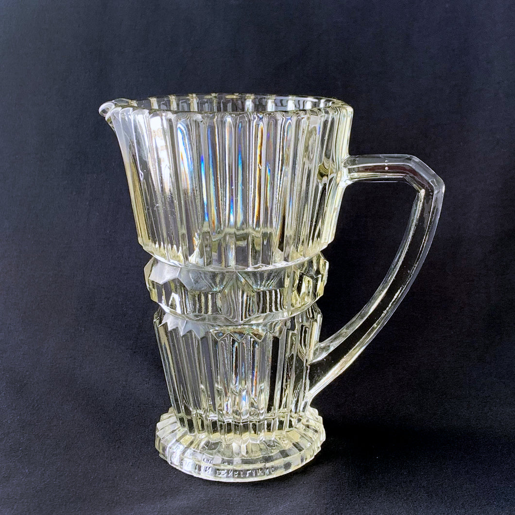 Vintage Clear Pressed Glass Faceted Footed Pitcher England Creamer Gravy Milk Cream Syrup Tableware Glassware Meal Home Decor Boho Bohemian Shabby Chic Cottage Farmhouse Mid-Century Modern Industrial Retro Flea Market Style Unique Sustainable Gift Antique Prop GTA Hamilton Toronto Canada shop store community seller reseller vendor
