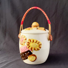 Load image into Gallery viewer, Vintage Mid Century Ceramic Handled Cookie Biscuit Barrel Jar Embossed Colourful Cookies kitsch Japan Treats Candy Brownie Baked Goods Baking Food Storage Home Decor Boho Bohemian Shabby Chic Cottage Farmhouse Victorian Mid-Century Modern Industrial Retro Flea Market Style Unique Sustainable Gift Antique Prop GTA Eds Mercantile Hamilton Toronto Canada shop store community seller reseller vendor
