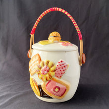 Load image into Gallery viewer, Vintage Mid Century Ceramic Handled Cookie Biscuit Barrel Jar Embossed Colourful Cookies kitsch Japan Treats Candy Brownie Baked Goods Baking Food Storage Home Decor Boho Bohemian Shabby Chic Cottage Farmhouse Victorian Mid-Century Modern Industrial Retro Flea Market Style Unique Sustainable Gift Antique Prop GTA Eds Mercantile Hamilton Toronto Canada shop store community seller reseller vendor
