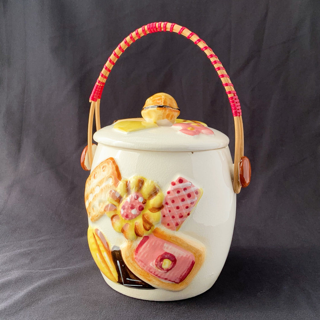 Vintage Mid Century Ceramic Handled Cookie Biscuit Barrel Jar Embossed Colourful Cookies kitsch Japan Treats Candy Brownie Baked Goods Baking Food Storage Home Decor Boho Bohemian Shabby Chic Cottage Farmhouse Victorian Mid-Century Modern Industrial Retro Flea Market Style Unique Sustainable Gift Antique Prop GTA Eds Mercantile Hamilton Toronto Canada shop store community seller reseller vendor