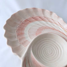 Load image into Gallery viewer, RARE! Vintage Pink and White &quot;Coquille&quot; Seashell Three Part Chip Dip Ceramic Platter, Fitz and Floyd, Japan

