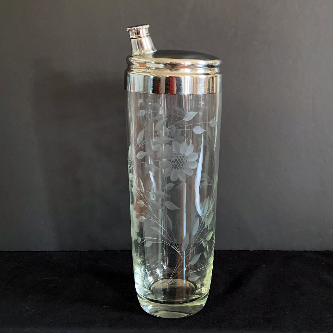 Vintage Mid-Century Barware, Floral Etched Martini shaker with lid