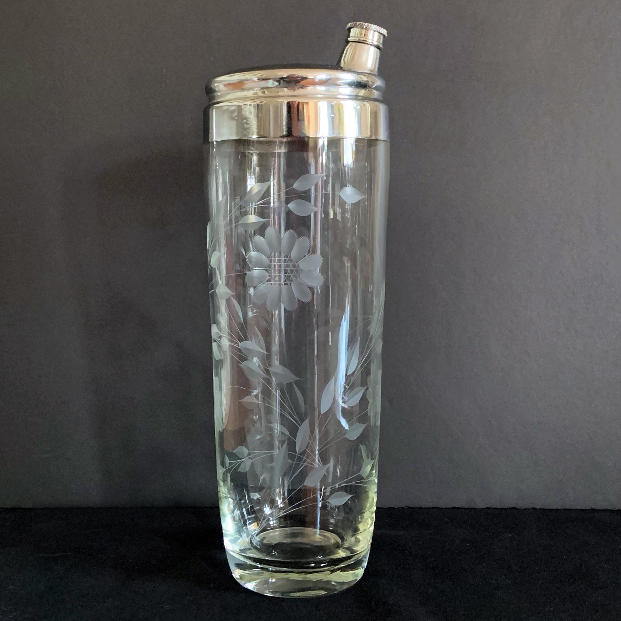 Vintage Mid-Century Barware, Floral Etched Martini shaker with lid