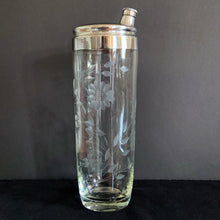 Load image into Gallery viewer, Vintage WJ Hughes Corn Flower Cornflower twelve petal leaf sprays Chrome Lid Etched Cocktail Shaker Party Cocktails Mix Martini Elegant Upscale Entertain Bar Barware Cart Liquor Shaken Glassware Home Decor Boho Bohemian Shabby Chic Cottage Farmhouse Mid-Century Modern Retro Flea Market Style Unique Sustainable Gift Mad Men Antique Prop GTA Hamilton Toronto Canada shop store community seller reseller vendor Freelton
