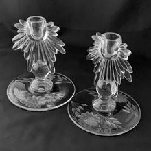 Load image into Gallery viewer, Vintage Pair Art Deco One Light Lite 1 Candlesticks Etched in WJ Hughes Corn Flower Pattern, Fostoria Glass Co. &quot;Flame&quot; Blank 12 petaled petalled Corn Flower Pattern leaf sprays elegant glassware tableware entertaining romantic candlelight ambiance special occasion dinner party dining Home Decor Boho Bohemian Shabby Chic Cottage Farmhouse Mid-Century Modern Retro Flea Market Style Unique Sustainable Gift Antique Prop GTA Hamilton Toronto Canada shop store community seller reseller vendor
