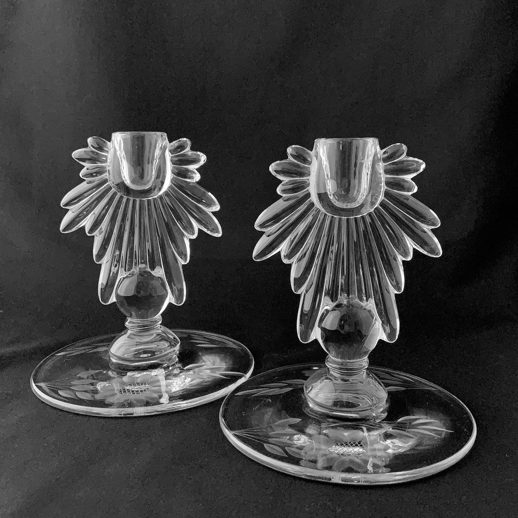 Vintage Pair Art Deco One Light Lite 1 Candlesticks Etched in WJ Hughes Corn Flower Pattern, Fostoria Glass Co. 