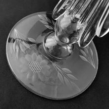 Load image into Gallery viewer, Vintage Pair Art Deco One Light Lite 1 Candlesticks Etched in WJ Hughes Corn Flower Pattern, Fostoria Glass Co. &quot;Flame&quot; Blank 12 petaled petalled Corn Flower Pattern leaf sprays elegant glassware tableware entertaining romantic candlelight ambiance special occasion dinner party dining Home Decor Boho Bohemian Shabby Chic Cottage Farmhouse Mid-Century Modern Retro Flea Market Style Unique Sustainable Gift Antique Prop GTA Hamilton Toronto Canada shop store community seller reseller vendor

