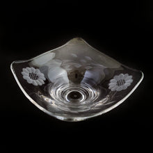 Load image into Gallery viewer, This ultra modern free form serving bowl from the &quot;Epic&quot; line was cut with W.J. Hughes &quot;Corn Flower&quot;. The glass blank was produced by the Viking Glass Company, circa 1960.  In excellent condition, free from chips/cracks.  Measures 6&quot; x 6&quot;
