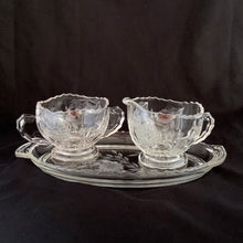 Load image into Gallery viewer, Vintage Sugar and Creamer Set Tray Clear Radiance WJ Hughes Corn Flower Cornflower Glass New Martinsville Company Sawtooth Solid Handles Handled Tableware Glassware Home Decor Boho Bohemian Shabby Chic Cottage Farmhouse Victorian Mid-Century Modern Industrial Retro Flea Market Style Unique Sustainable Gift Antique Prop GTA Eds Mercantile Hamilton Freelton Toronto Canada shop store community seller reseller vendor brunch breakfast lunch dinner Collector Collection Collectible Entertain Dessert tea coffee
