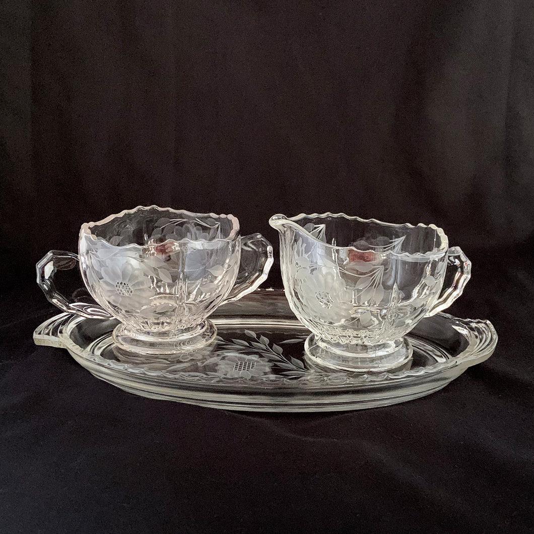 Vintage Sugar and Creamer Set Tray Clear Radiance WJ Hughes Corn Flower Cornflower Glass New Martinsville Company Sawtooth Solid Handles Handled Tableware Glassware Home Decor Boho Bohemian Shabby Chic Cottage Farmhouse Victorian Mid-Century Modern Industrial Retro Flea Market Style Unique Sustainable Gift Antique Prop GTA Eds Mercantile Hamilton Freelton Toronto Canada shop store community seller reseller vendor brunch breakfast lunch dinner Collector Collection Collectible Entertain Dessert tea coffee