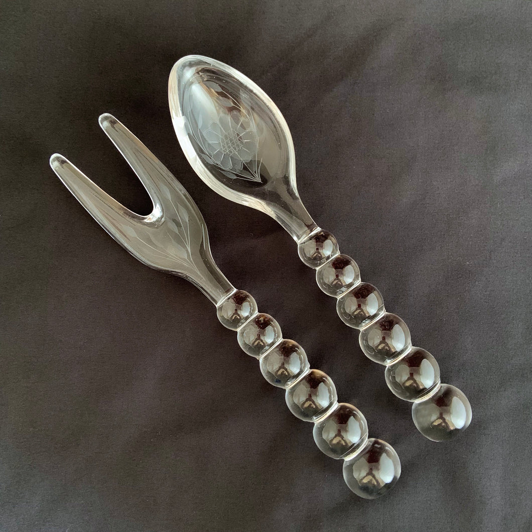 A fabulous vintage Imperial Candlewick salad serving fork and spoon set, cut by WJ Hughes (Canada) in his 