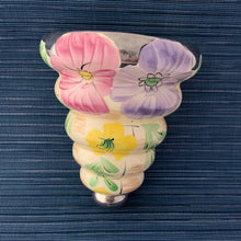 Load image into Gallery viewer, Antique vintage art deco inverted beehive &quot;Countess&quot; wall pocket planter 3828 with flowers in pastel shades of pink, purple and yellow on a butter yellow ground with silver lustre details. Produced by Arthur Wood, England, circa 1920s. One of the prettiest wall pockets can be used as a planter, or could be repurposed as a holder for mail, make-up brushes, or as pencil holder.  Impressed with &quot;Countess Made in England&quot;. Stamped with Arthur Wood mark and pattern 3828 and 4.  Measures 5-1/4&quot; x 6&quot;
