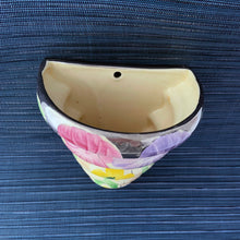 Load image into Gallery viewer, Antique vintage art deco inverted beehive &quot;Countess&quot; wall pocket planter 3828 with flowers in pastel shades of pink, purple and yellow on a butter yellow ground with silver lustre details. Produced by Arthur Wood, England, circa 1920s. One of the prettiest wall pockets can be used as a planter, or could be repurposed as a holder for mail, make-up brushes, or as pencil holder.  Impressed with &quot;Countess Made in England&quot;. Stamped with Arthur Wood mark and pattern 3828 and 4.  Measures 5-1/4&quot; x 6&quot;
