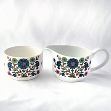 Load image into Gallery viewer, Let your kitchen come alive with this gorgeous Vintage &quot;Country Garden&quot; Midwinter Creamer and Sugar Set! Its retro design with teal, blue, purple, pink and green on a white background is sure to bring a cheerful energy. Crafted by Midwinter Ltd. in Staffordshire England between 1968-1978, this set is in excellent condition, free from chips/cracks and ready to use. Enjoy!
