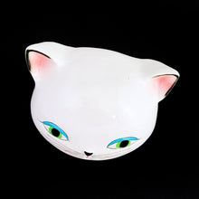 Load image into Gallery viewer, Adorable vintage mid-century kitschy Cozy Kitten wall mounted string and scissor holder. This ceramic white cat holds a ball of string which can be threaded through the mouth along with a pink, black and white checked collar with bow for holding scissors. Produced by Holt Howard, Japan, 1958.  In vintage condition, no chips. Although there are two cracks on this piece, it will still look great mounted on the wall or sitting on a shelf to complement your kitsch decor.  Measures 5 x 4 inches
