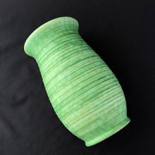 Load image into Gallery viewer, Vintage green glazed horizontally ribbed art pottery flower vase. Shape 129. Crafted by Crown Ducal Ware, England, circa 1930s. Create a beautiful flower arrangement with this vessel! In excellent condition, free from chips/cracks/repairs. Maker&#39;s mark on the bottom. Measures 5 x 9 inches
