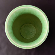 Load image into Gallery viewer, Vintage green glazed horizontally ribbed art pottery flower vase. Shape 129. Crafted by Crown Ducal Ware, England, circa 1930s. Create a beautiful flower arrangement with this vessel! In excellent condition, free from chips/cracks/repairs. Maker&#39;s mark on the bottom. Measures 5 x 9 inches
