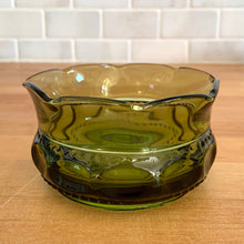Load image into Gallery viewer, A classic set of six vintage round compote bowls in the &quot;Crown&quot; pattern in green makes a great elevated dish for candy, nuts, or repurpose on a bathroom vanity to hold cotton balls or bath bombs. We use these in our office to hold paper clips and rubber bands. A versatile and elegant piece of pressed glass!  In excellent condition, no chips or cracks. Maker is Colony (Indiana Glass Co.) Circa 1960-1970  Measures 2 1/4 x 4 1/4 inches
