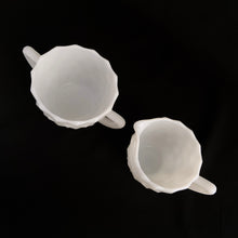 Load image into Gallery viewer, Classic milk glass creamer and sugar in the &quot;Cube&quot; pattern. A lovely addition to your tea/coffee tableware. Produced by the Jeannette Glass Co. USA., circa 1970.  In excellent condition, free from chips or cracks.  Creamer measures 2-7/8&quot; x 2-5/8&quot; and sugar measures 3-3/8&quot; x 2-3/8&quot;
