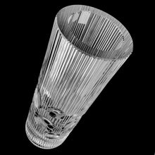 Load image into Gallery viewer, vintage modernist style twenty-four percent lead crystal vase cut in vertical ridges with a band of varying sized circles. The cut circles create an interesting kaleidoscope-like effect. A brilliant piece of art glass designed and executed by artist Josef Pravec, produced for Crystal BOHEMIA in Podebrady, Czechoslovakia, circa 1974. In excellent condition, free from chips, cracks or damage. Signed by the artist on the bottom. Measures 4-5/8&quot; x 13&quot;
