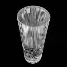 Load image into Gallery viewer, vintage modernist style twenty-four percent lead crystal vase cut in vertical ridges with a band of varying sized circles. The cut circles create an interesting kaleidoscope-like effect. A brilliant piece of art glass designed and executed by artist Josef Pravec, produced for Crystal BOHEMIA in Podebrady, Czechoslovakia, circa 1974. In excellent condition, free from chips, cracks or damage. Signed by the artist on the bottom. Measures 4-5/8&quot; x 13&quot;
