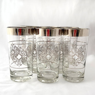 Vintage Highball Cocktail Glasses Silver Platinum Band and Medallion Cutler Brands Tableware Glassware Home Decor Boho Bohemian Shabby Chic Cottage Farmhouse Victorian Mid-Century Modern Industrial Retro Flea Market Style Unique Sustainable Gift Antique Prop GTA Eds Mercantile Hamilton Freelton Toronto Canada shop store community seller reseller vendor beverage  drink Bar Barware Cart Mad Men Cocktail Happy Hour Party Entertain