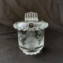 Load image into Gallery viewer, An elegant crystal lidded marmalade jar. Cut in the Corn Flower pattern by WJ Hughes on an Imperial Glass blank.  In excellent condition, no chips or cracks.  Measures 4 inches
