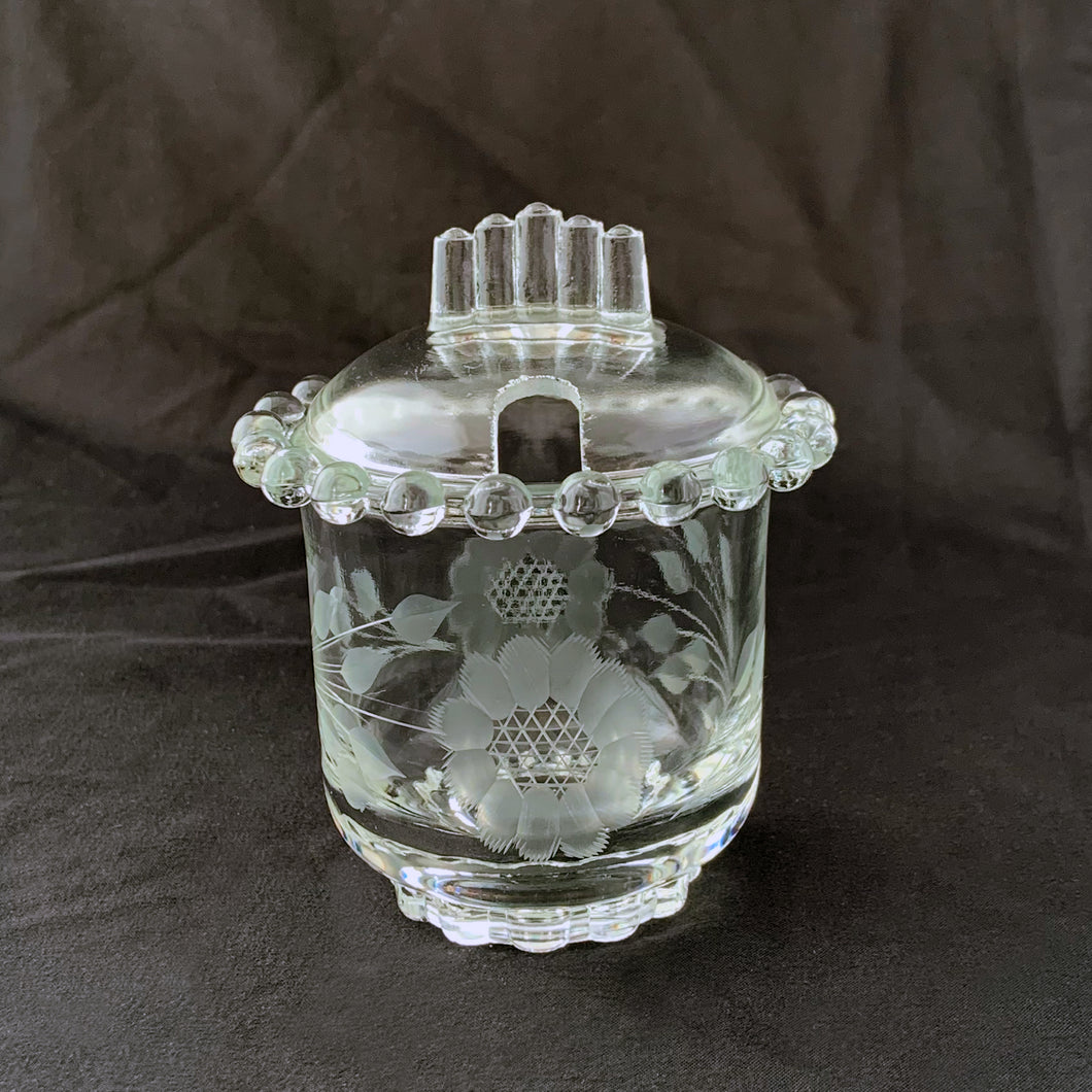 An elegant crystal lidded marmalade jar. Cut in the Corn Flower pattern by WJ Hughes on an Imperial Glass blank.  In excellent condition, no chips or cracks.  Measures 4 inches