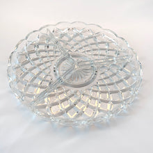 Load image into Gallery viewer, This diamond or Dahlia flower pattern of this glass divided relish dish reflects the light with such brilliance, you&#39;re going to need sunglasses! Circa 1950.  In excellent condition, no chips or cracks.  Measures 8 3/4 x 1 inches
