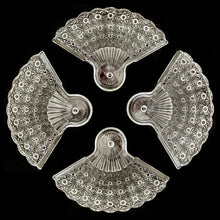 Load image into Gallery viewer, Vintage set of four &quot;Daisy and Button&quot; fan-shaped snack plate with place holder for cup. Produced by the Anchor Hocking Glass Company, circa 1960s. Perfect to add some sparkle to your entertaining or your tv snacking time!   In excellent condition, free from chips/cracks.   Measures 10 1/2 x 7 5/8 inches
