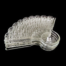 Load image into Gallery viewer, Vintage set of four &quot;Daisy and Button&quot; fan-shaped snack plate with place holder for cup. Produced by the Anchor Hocking Glass Company, circa 1960s. Perfect to add some sparkle to your entertaining or your tv snacking time!   In excellent condition, free from chips/cracks.   Measures 10 1/2 x 7 5/8 inches
