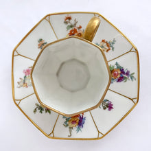 Load image into Gallery viewer, Vintage white porcelain demitasse panelled cup and saucer in pattern GUE127, beautifully hand painted with colourful florals and gold gilt details. Produced in the Limoges region of France by Wm. Guérin &amp; Co. for Sim &amp; Co. - Troy, New York, 1891-1932.  In excellent condition, free from chips/cracks/repairs. Stamped marks on the bottom of each piece, see photos.  Dimensions of cup 2-1/8&quot; x 2-3/16&quot; and saucer is 4-1/2&quot;
