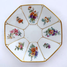 Load image into Gallery viewer, Vintage white porcelain demitasse panelled cup and saucer in pattern GUE127, beautifully hand painted with colourful florals and gold gilt details. Produced in the Limoges region of France by Wm. Guérin &amp; Co. for Sim &amp; Co. - Troy, New York, 1891-1932.  In excellent condition, free from chips/cracks/repairs. Stamped marks on the bottom of each piece, see photos.  Dimensions of cup 2-1/8&quot; x 2-3/16&quot; and saucer is 4-1/2&quot;
