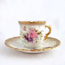 Load image into Gallery viewer, Pretty vintage white porcelain demitasse cup and saucer beautifully hand painted with pink and purple aster flowers with gold gilt on the rims and handle. Unmarked.  In excellent condition, free from chips/cracks/repairs.  Dimensions of cup 2&quot; x 2&quot; and saucer 4-3/8&quot;
