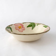 Load image into Gallery viewer, Sweet vintage &quot;Desert Rose&quot; coupe cereal bowl with pink roses, green leaves and brown branches around the rim. Produced by Franciscan, England, between 1985 - 2003. Stamped maker&#39;s mark.  In excellent vintage condition, free from chips/cracks/repairs.  Measures 5-7/8&quot; x 1-1/2&quot;

